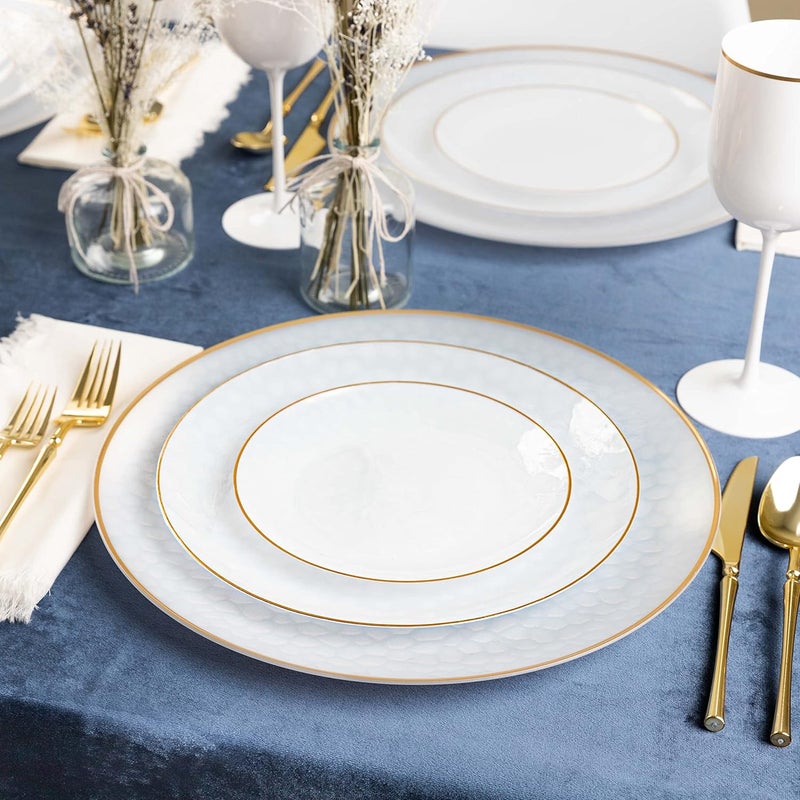 PLASTICPRO 30 Pack Hammered Plastic Plates Heavyweight Disposable Plastic Plates Elegant Transparent White Hammered Gold Rim Platsic Party Dishes (Transparent White With Gold Rim, 7'' INCH PLATES) - Image 4