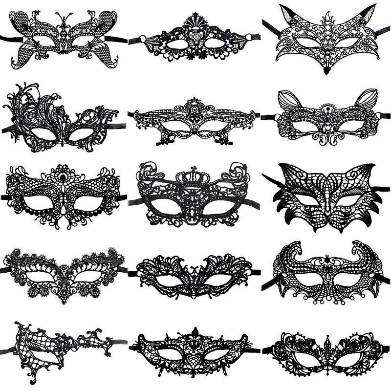 CNYMANY 15 Packs Womens Sexy Flexible Lace Masks Eyemask for Ball Party Venetian Masquerade Costume Black