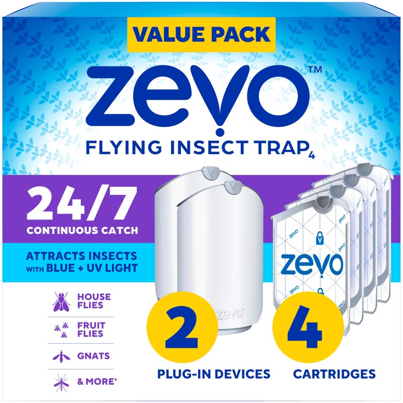 Zevo 2 Flying Insect Traps & 4 Refill Cartridges - Plug In Fly Trap & Indoor Bug Catcher For Gnats  House & Fruit Flies - Blue & Uv Light Technology  Mess-Free Alternative To Bug Zapper - Image 1