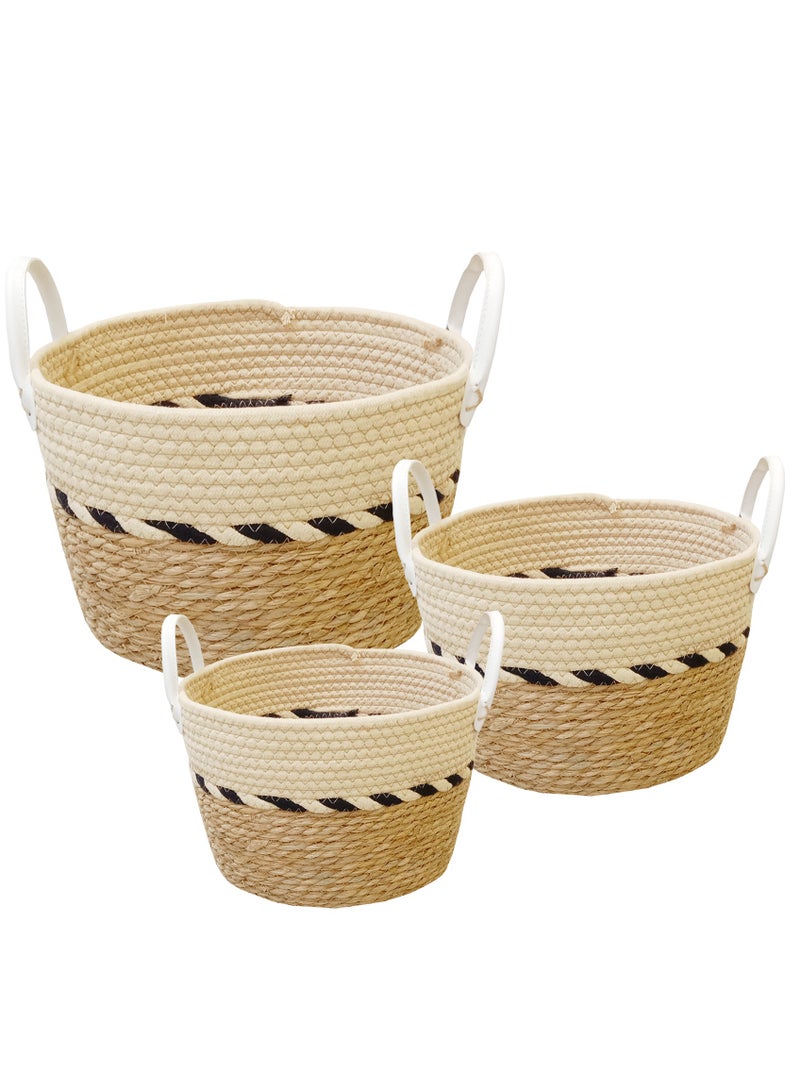 YINZUO Natural Woven Basket with White Handles – Jute and Cotton Rope Storage Bin, Decorative Organizer for Laundry, Toys, and Blankets – Multi-Color Design, Eco-Friendly Home Décor  - Image 1