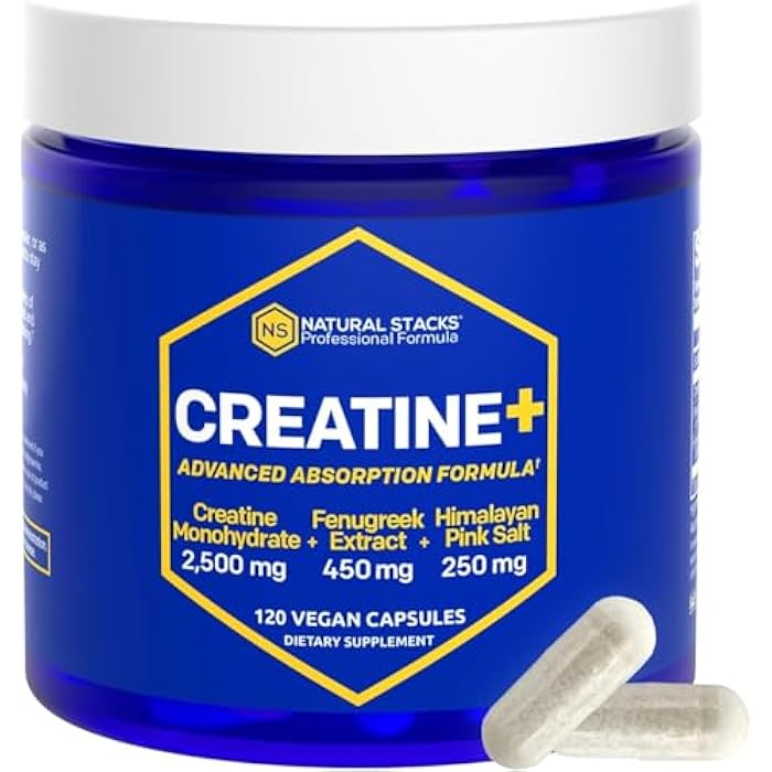 Natural Stacks Creatine Monohydrate - 2500mg Creatine Pills - 450mg Fenugreek Extract & 250mg Himalayan Pink Salt - Supports Brain Health, Endurance & Muscle Building - Advanced Absorption Formula - 120 Capsules - Image 1