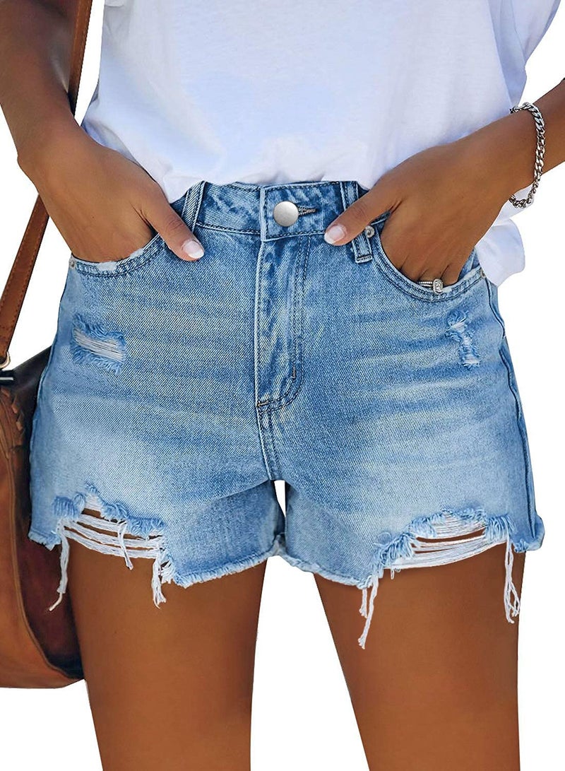 ZOLUCKY Shorts for Women Mid Waisted Stretchy Ripped Jean Sexy Shorts for Summer Light Blue S - Image 1