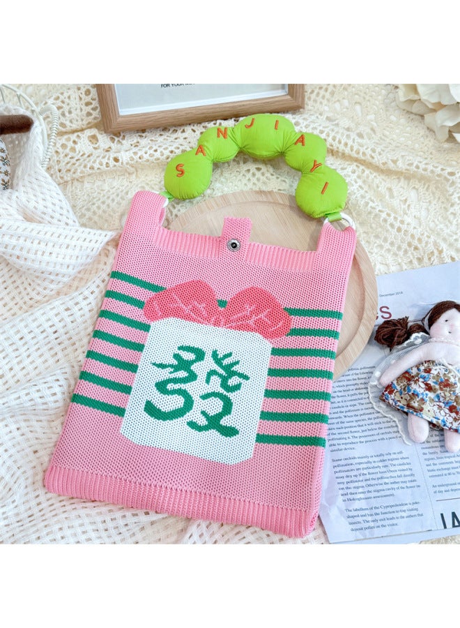 Handbag On Behalf Of Women's Knitted Mobile Phone Bag Internet Celebrity Love Bag Messenger Bag Mini Bag-Color:Hair (handle + Shoulder Strap)  - Image 1