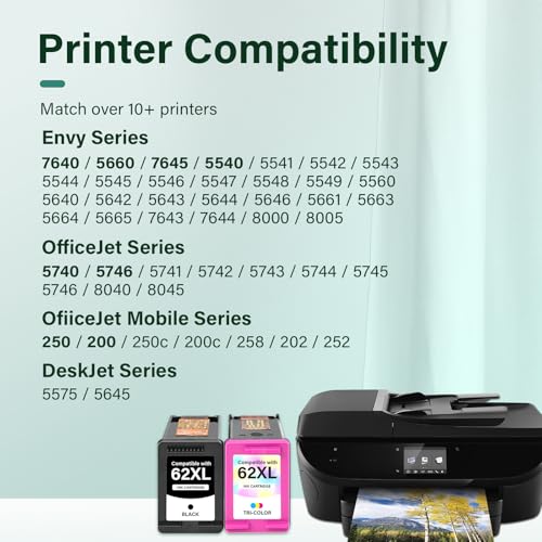 Cool Toner 62XL 62 Envy 7640 Ink Cartridges Black and Color Combo Pack Replacement for HP62 62 XL Ink for HP Envy 5660 5540 7645 5740 5746 OfficeJet 250 200 Printer 2Pack1 Black 1 TriColor - Image 3