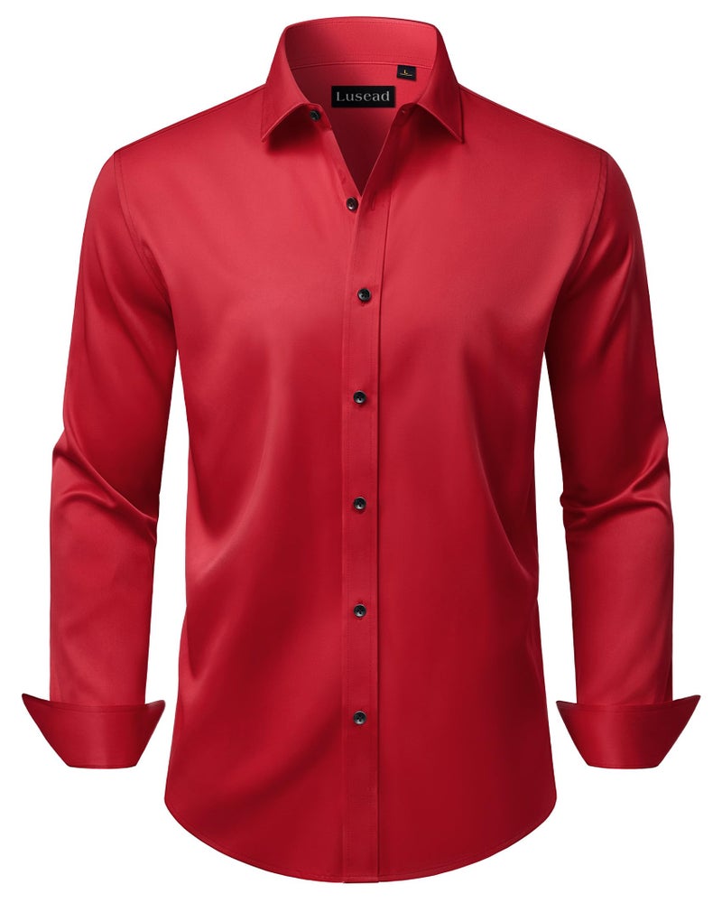 Lusead Mens Red Dress Shirt Homecoming Long Sleeve Stretch Wrinkle Free Formal Christmas Prom Slim Fit Button Up Shirts Men - Image 1