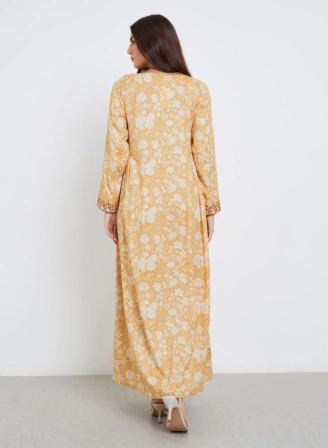 Amirah Amirah Yellow Floral Print Jalabiya with Scarf