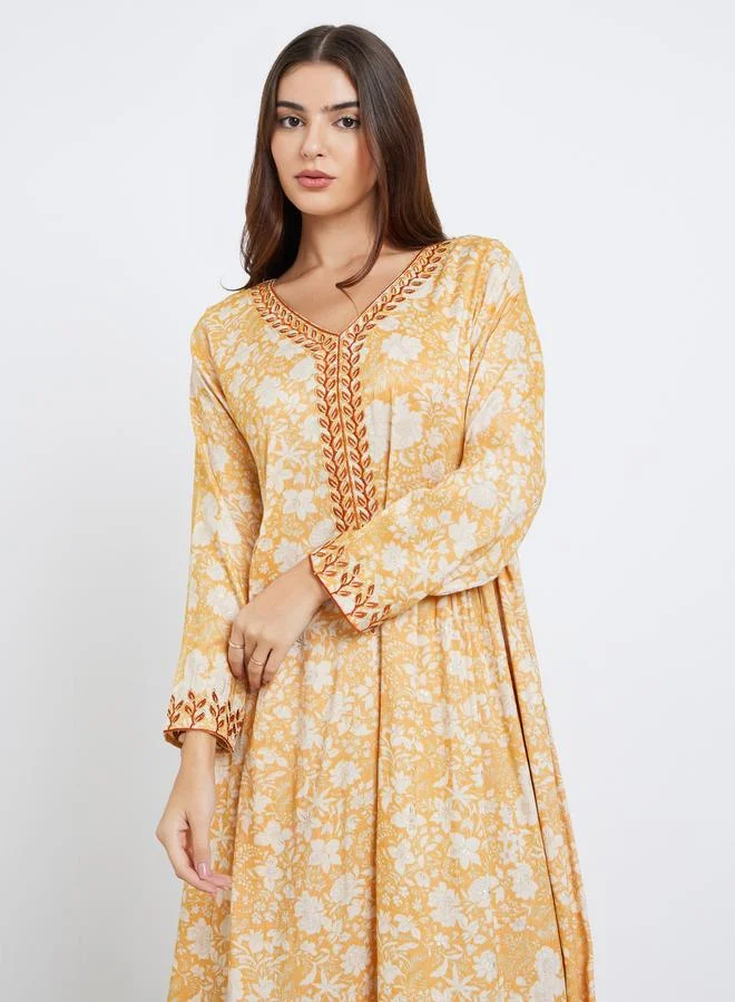 Amirah Amirah Yellow Floral Print Jalabiya with Scarf