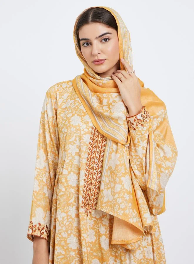 Amirah Amirah Yellow Floral Print Jalabiya with Scarf