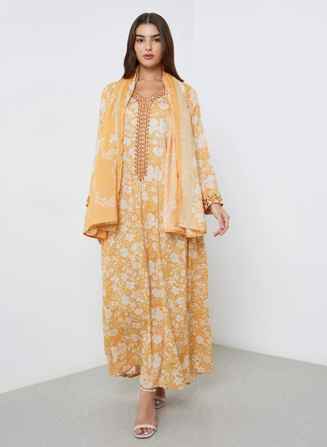 Amirah Amirah Yellow Floral Print Jalabiya with Scarf