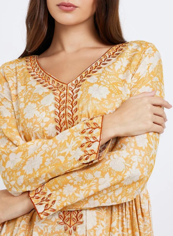 Amirah Amirah Yellow Floral Print Jalabiya with Scarf