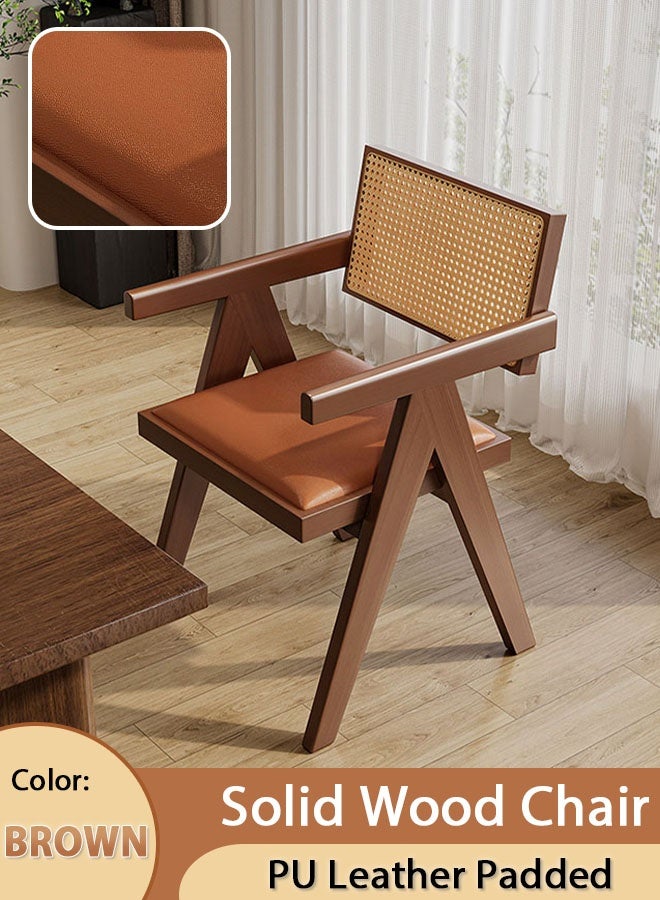 كراسي الطعام الخشبية الصلبة بو الجلود مبطن كرسي متعدد الوظائف منتصف القرن الحديثة لهجة كرسي تنفس شبكة الروطان مسند الظهر مثالية لغرفة القراءة غرفة نوم غرفة المعيشة الطعام المطبخ (البني) - Image 1