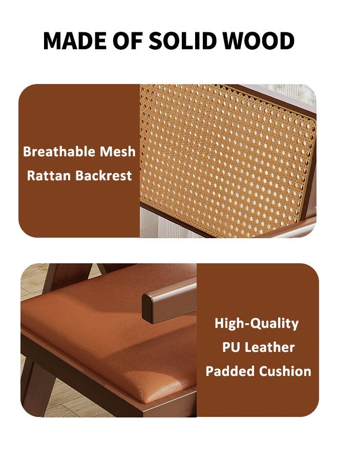 كراسي الطعام الخشبية الصلبة بو الجلود مبطن كرسي متعدد الوظائف منتصف القرن الحديثة لهجة كرسي تنفس شبكة الروطان مسند الظهر مثالية لغرفة القراءة غرفة نوم غرفة المعيشة الطعام المطبخ (البني) - Image 5