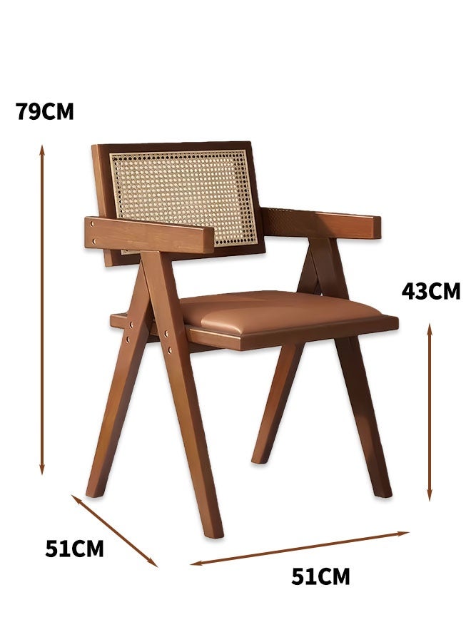 كراسي الطعام الخشبية الصلبة بو الجلود مبطن كرسي متعدد الوظائف منتصف القرن الحديثة لهجة كرسي تنفس شبكة الروطان مسند الظهر مثالية لغرفة القراءة غرفة نوم غرفة المعيشة الطعام المطبخ (البني) - Image 2