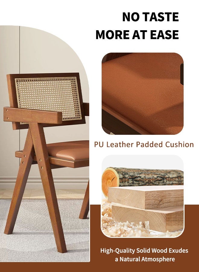 كراسي الطعام الخشبية الصلبة بو الجلود مبطن كرسي متعدد الوظائف منتصف القرن الحديثة لهجة كرسي تنفس شبكة الروطان مسند الظهر مثالية لغرفة القراءة غرفة نوم غرفة المعيشة الطعام المطبخ (البني) - Image 3