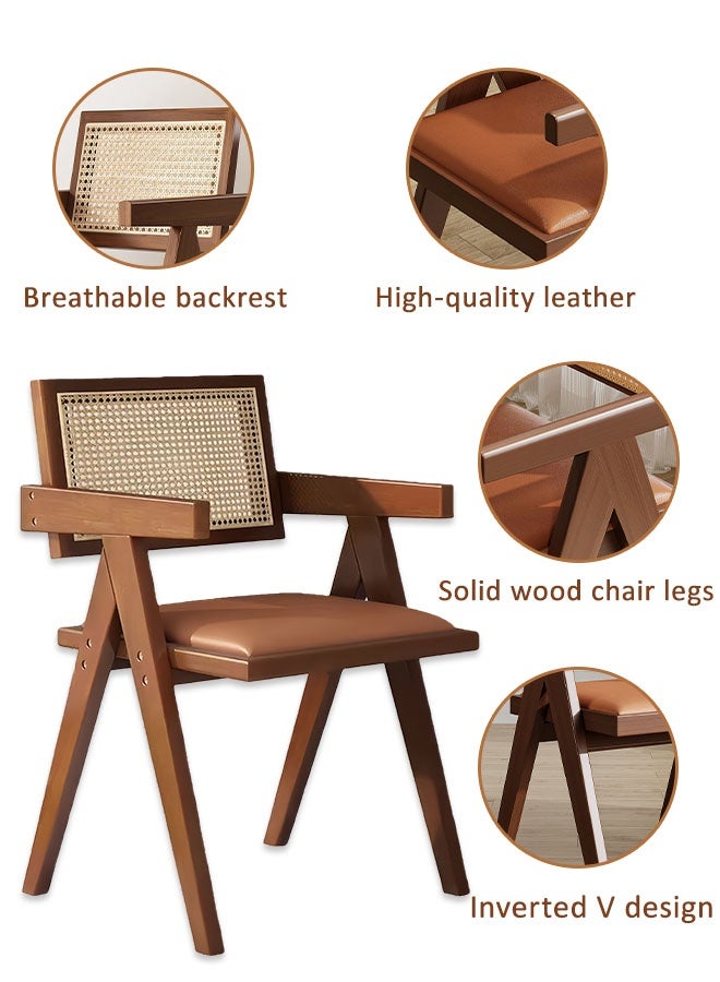 كراسي الطعام الخشبية الصلبة بو الجلود مبطن كرسي متعدد الوظائف منتصف القرن الحديثة لهجة كرسي تنفس شبكة الروطان مسند الظهر مثالية لغرفة القراءة غرفة نوم غرفة المعيشة الطعام المطبخ (البني) - Image 4
