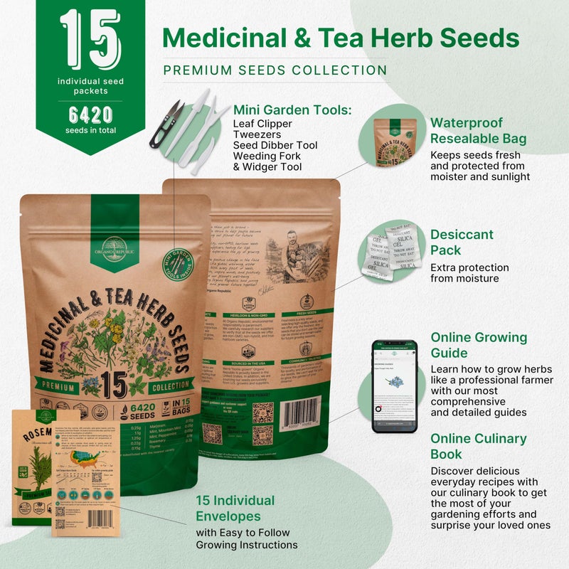 Organo Republic مجموعة بذور الأعشاب الطبية والشاي من أورغانو ريبابليك 15 نوع 6,420+ بذور حديقة غير معدلة وراثيًا - Image 2