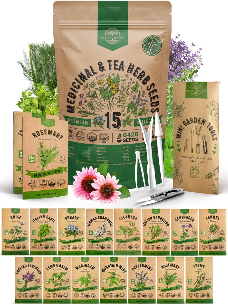 Organo Republic مجموعة بذور الأعشاب الطبية والشاي من أورغانو ريبابليك 15 نوع 6,420+ بذور حديقة غير معدلة وراثيًا - Image 1