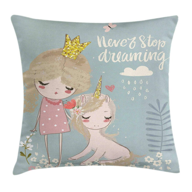 Ambesonne Saying Throw Pillow Cushion Cover, Composition of Cartoon Little One and Unicorn Never Stop Dreaming Words Print Dreamy, Decorative Square Accent Pillow Case, 16" X 16", Multicolor