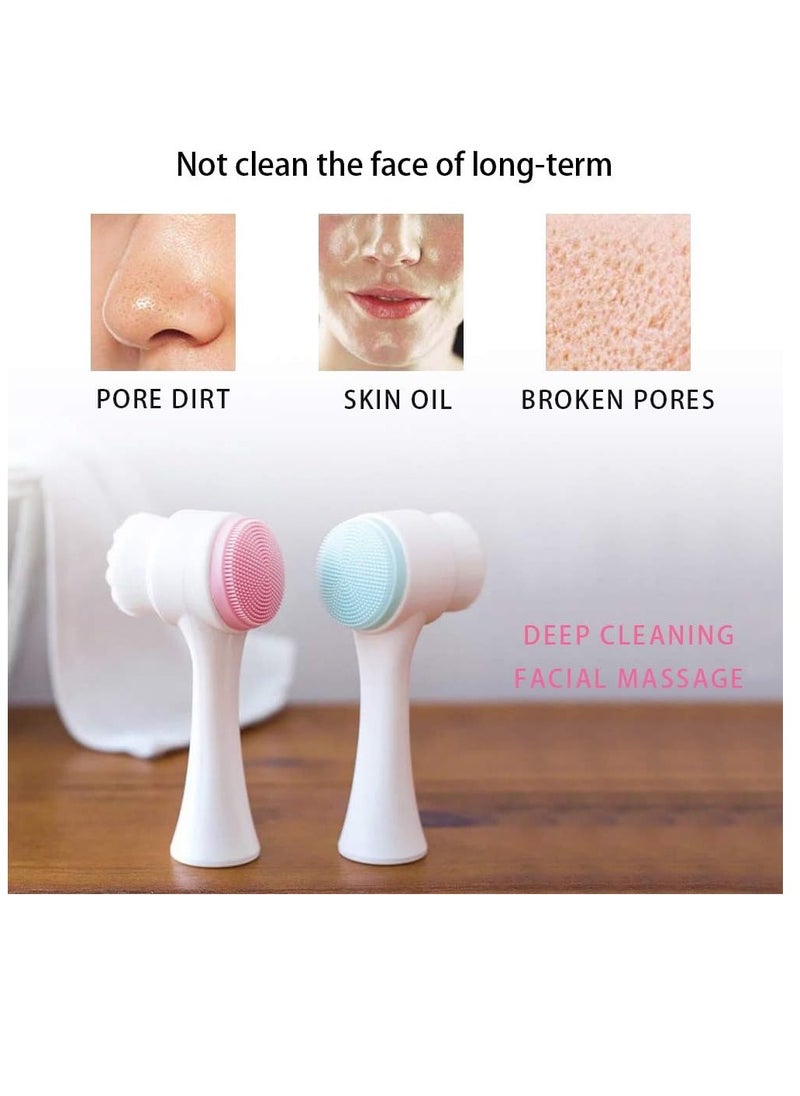 NATURE Ann 2PCS Double-headed Manual Facial Cleansing Brush Set, 2 in 1 Soft Bristle and Silicone Face Cleaning Beauty Brush, for Deep Pore Cleaning, Exfoliating, Removing Blackhead and Massaging（Blue，Pink）  - Image 2