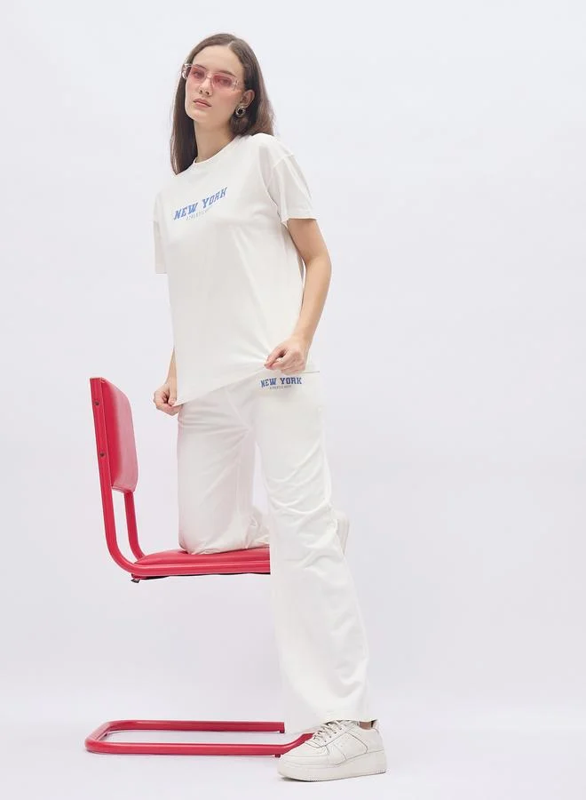 Styli Styli Off White Slogan Print Boxy T-Shirt and Wide Leg Joggers Co-Ords