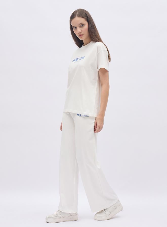 Styli Off White Slogan Print Boxy T-Shirt and Wide Leg Joggers Co-Ords - Image 3