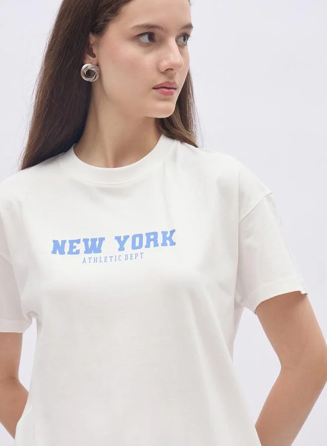 Styli Styli Off White Slogan Print Boxy T-Shirt and Wide Leg Joggers Co-Ords