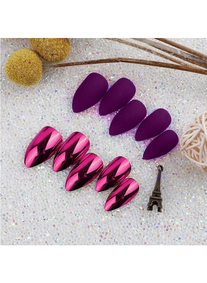 رابيدز فلو مجموعة 24 قطعة من الأظافر الصناعية الفرنسية الطويلة وصلات أظافر كاملة مع غراء مرفق بالأظافر (12 مطفي + 12 لامع) (وردي أرجواني) - Image 1