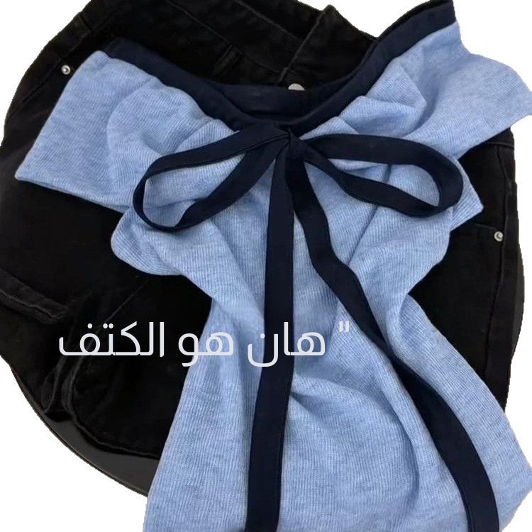تيشيرت نسائي بقصة ضيقة بأكتاف مكشوفة بألوان متباينة - Image 1