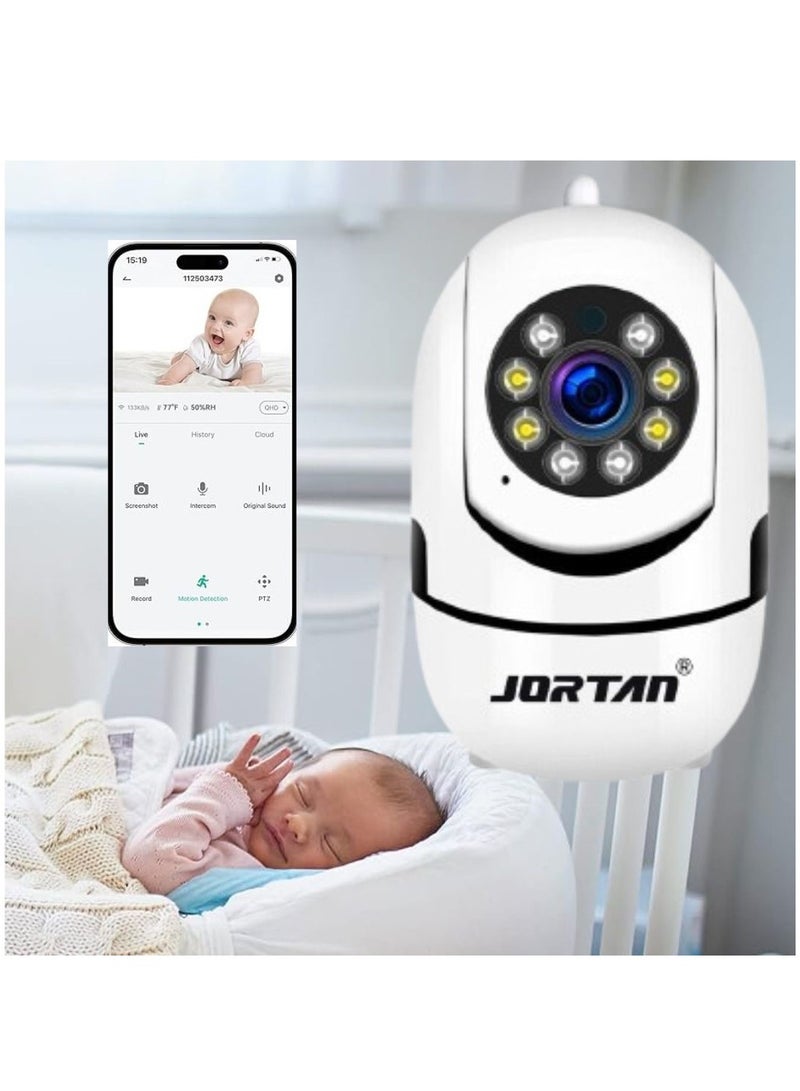 جورتان كاميرا JORTAN 1080P للأطفال، مراقبة الأطفال، IP44، التحدث في اتجاهين، كشف الحركة، تتبع الحركة، رؤية ليلية ملونة، تحكم 360 درجة / 90 درجة PTZ، كاميرا أمان داخلية.، كاميرا أطفال - Image 1