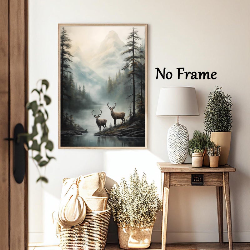 Wallvelart Vintage Deer Wall Art Misty Picture Forest Animal Canvas Mountain Lake Print Wildlife Artwork Mountain Poster Forest Landscape Picture 16x24in No Frame - Image 5