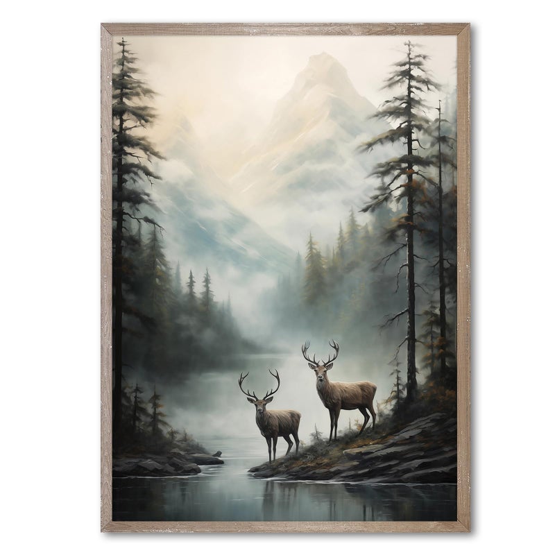 Wallvelart Vintage Deer Wall Art Misty Picture Forest Animal Canvas Mountain Lake Print Wildlife Artwork Mountain Poster Forest Landscape Picture 16x24in No Frame - Image 1