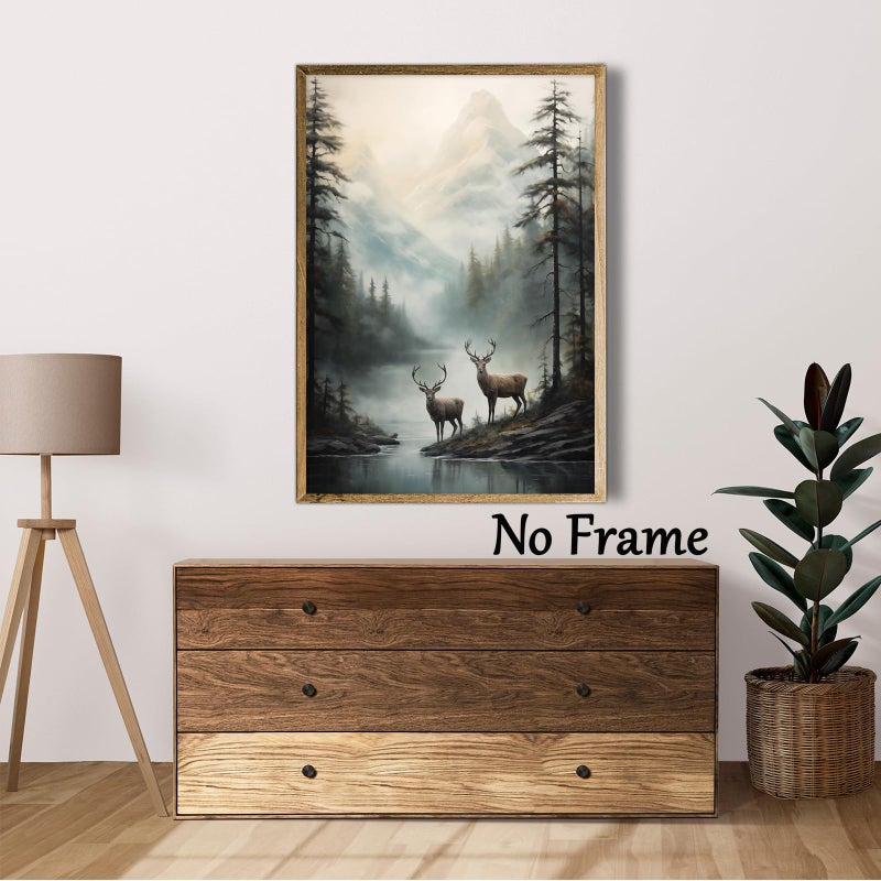 Wallvelart Vintage Deer Wall Art Misty Picture Forest Animal Canvas Mountain Lake Print Wildlife Artwork Mountain Poster Forest Landscape Picture 16x24in No Frame - Image 3