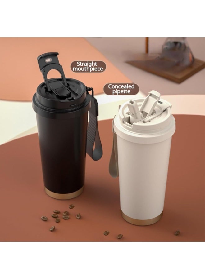 كوب قهوة سفر معزول من الستانلس ستيل بغطاء مع شفاط وفم للشرب – كوب حراري مفرغ من الهواء مانع للتسرب للمشروبات الساخنة والباردة – كوب محمول قابل لإعادة الاستخدام مع حزام للحمل للمكتب والسيارة والسفر - Image 2
