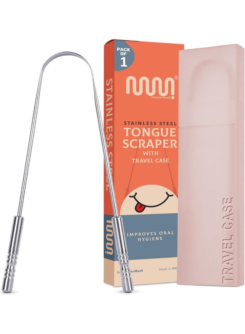 MasterMedi Tongue Scraper with Travel Case 1 Pack, Bad Breath Treatment Tongue Scraper for Adults & Kids, Stainless Steel Metal Tongue Scraper, Easy to Use Tongue Cleaner for Hygiene and Self Care - Image 1