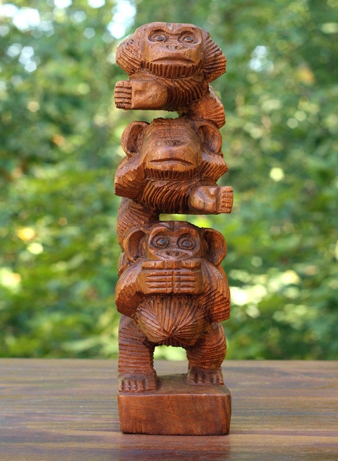 G6 Collection 12" Wooden Hand Carved Stacked 3 Monkey See, Hear, Speak No Evil Figurines Handmade Art Sculpture Decorative Home Decor Accent Handcrafted Wood Decoration Three Monkeys Statue - Image 1