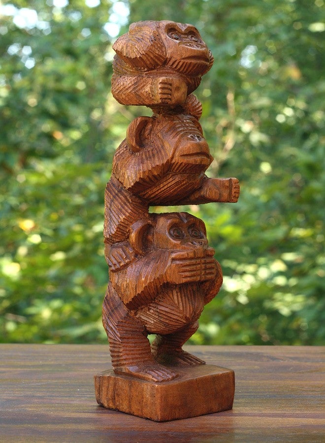 G6 Collection 12" Wooden Hand Carved Stacked 3 Monkey See, Hear, Speak No Evil Figurines Handmade Art Sculpture Decorative Home Decor Accent Handcrafted Wood Decoration Three Monkeys Statue - Image 5