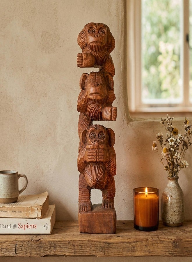 G6 Collection 12" Wooden Hand Carved Stacked 3 Monkey See, Hear, Speak No Evil Figurines Handmade Art Sculpture Decorative Home Decor Accent Handcrafted Wood Decoration Three Monkeys Statue - Image 2