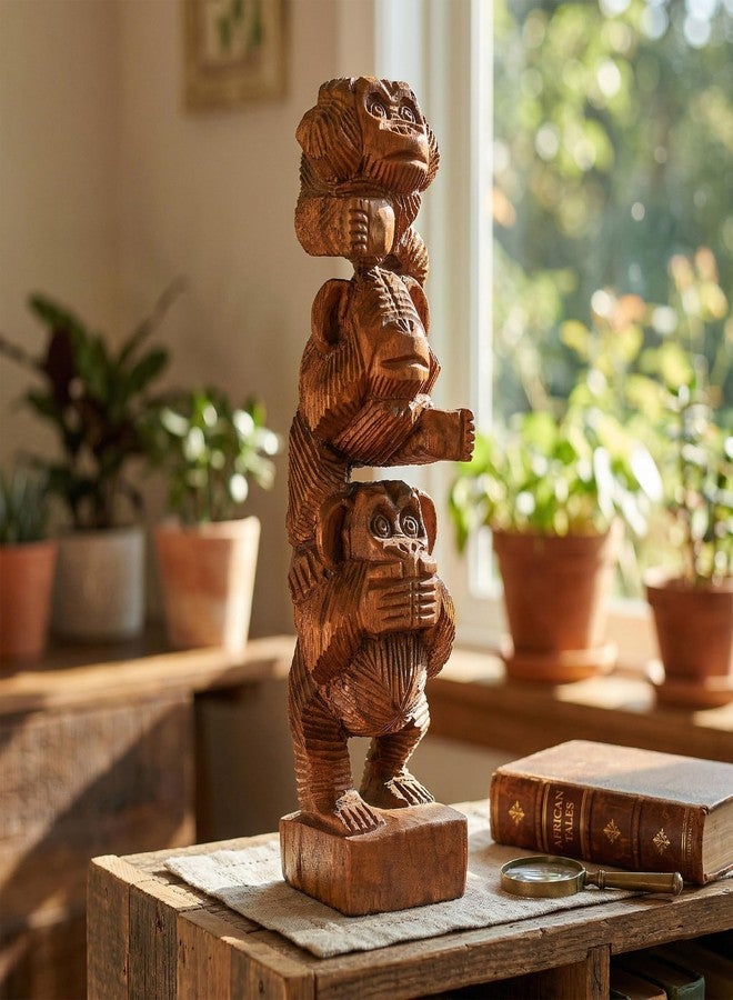 G6 Collection 12" Wooden Hand Carved Stacked 3 Monkey See, Hear, Speak No Evil Figurines Handmade Art Sculpture Decorative Home Decor Accent Handcrafted Wood Decoration Three Monkeys Statue - Image 4