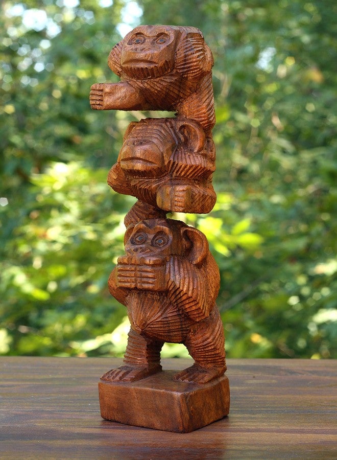 G6 Collection 12" Wooden Hand Carved Stacked 3 Monkey See, Hear, Speak No Evil Figurines Handmade Art Sculpture Decorative Home Decor Accent Handcrafted Wood Decoration Three Monkeys Statue - Image 3