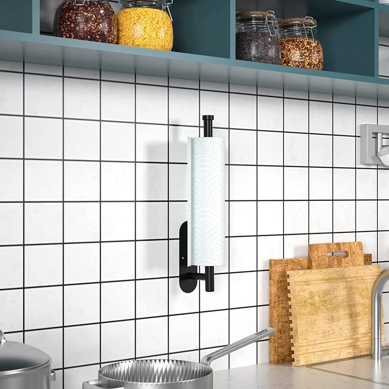 SHOWAY Paper Towel Holder, Paper Towel Holder Under Cabinet Bulk Self Adhesive, Stainless Steel Paper Towel Holder Sturdy and Durable Black, White, PAPERHD01-B - Image 4