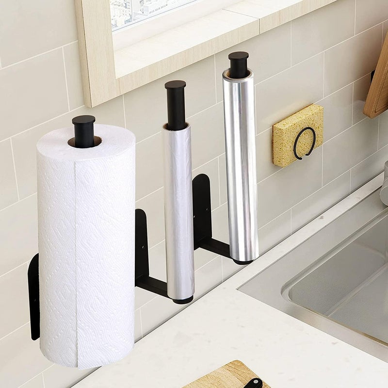 SHOWAY Paper Towel Holder, Paper Towel Holder Under Cabinet Bulk Self Adhesive, Stainless Steel Paper Towel Holder Sturdy and Durable Black, White, PAPERHD01-B - Image 2