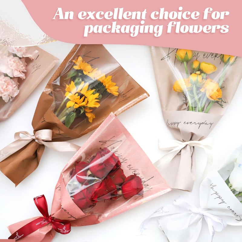 Flower Wrapping Bags: 100 Pcs Khaki Dual-Material Design - Clear OPP Front Sturdy Kraft Back Floral Sleeves for Wedding, Birthday, Floral Shop And Home Floral Arrangements - Image 4