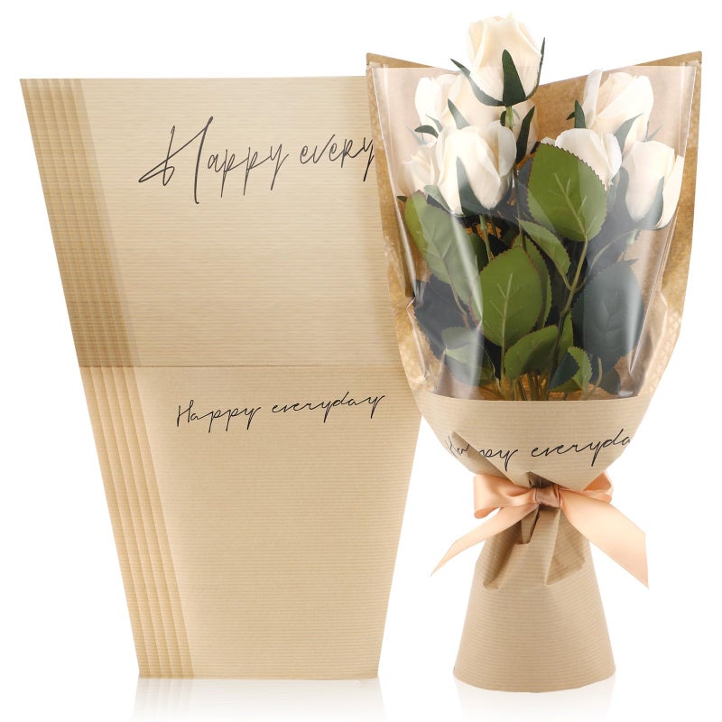 Flower Wrapping Bags: 100 Pcs Khaki Dual-Material Design - Clear OPP Front Sturdy Kraft Back Floral Sleeves for Wedding, Birthday, Floral Shop And Home Floral Arrangements - Image 1