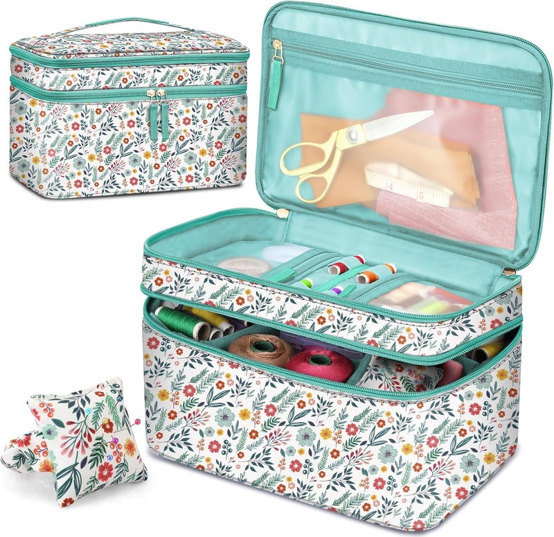 FINPAC Sewing Accessories Storage and Organizer Case, Double-Layer Sewing Kits Carrying Bag with Wrist Pin Cushion for Threads, Needles, Embroidery Floss Supplies, Felting Kits (Spring Bloom) - Image 1