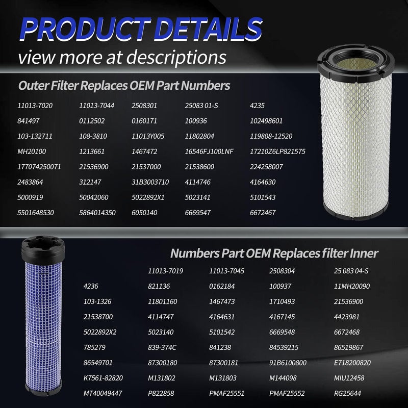 Deflife For Kawasaki 11013-7044 & 11013-7045 Inner & Outer Air Filter Cleaners Combo OEM for Donaldson Kohler 25-083-01-S P821575 & P822858 - Image 5