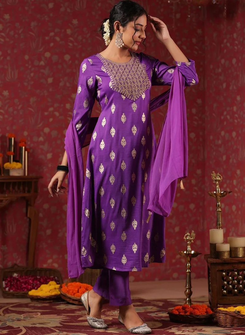ISHIN Women's Purple Silk Printed Tunic Full Length Casual Regular Fit Kurta Set