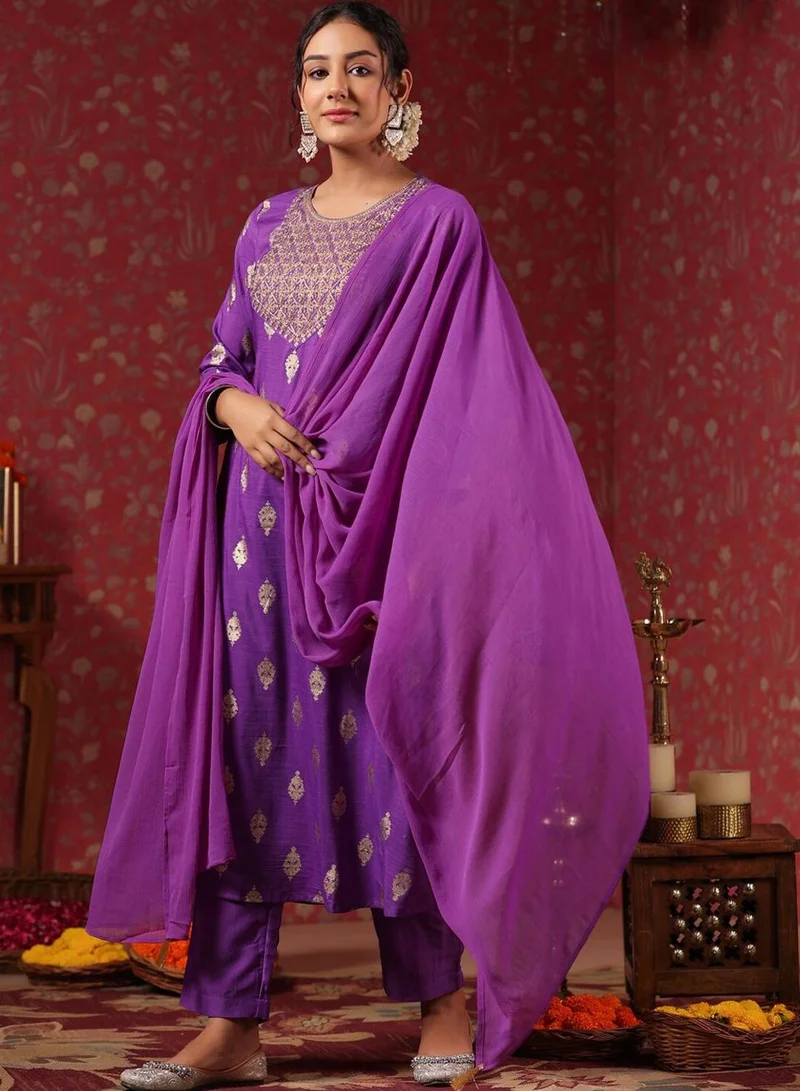ISHIN Women's Purple Silk Printed Tunic Full Length Casual Regular Fit Kurta Set