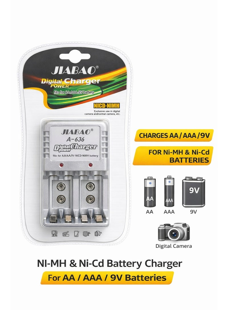 Jiabao Digital Battery Charger – AA/AAA/9V Compatible – Ni-Cd/Ni-MH – 4 Slot Charger - Image 2