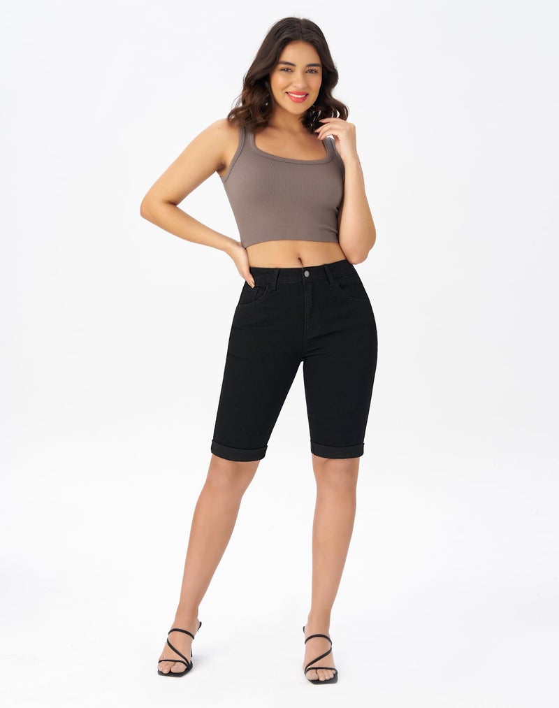 roswear Womens Mid Rise Roll Cuff Bermuda Stretch Denim Jean Shorts Black Large - Image 2