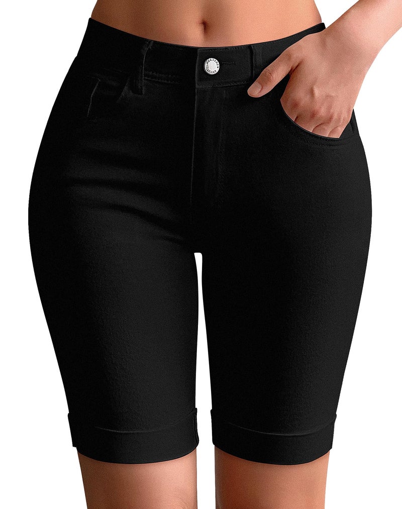 roswear Womens Mid Rise Roll Cuff Bermuda Stretch Denim Jean Shorts Black Large - Image 1